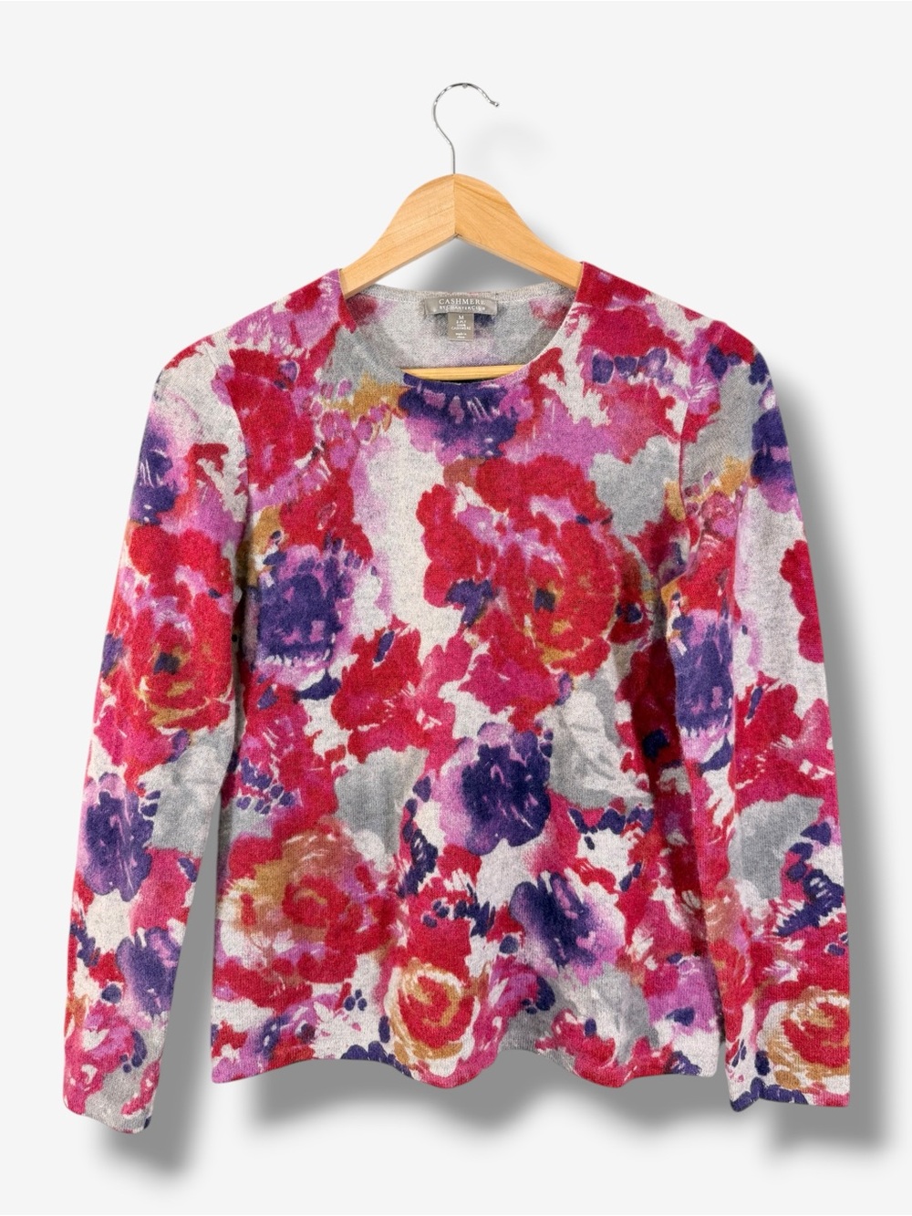 Charter Club Floral Cashmere Sweater M Gray Red Purple 2-PLY Quiet Luxury Cozy